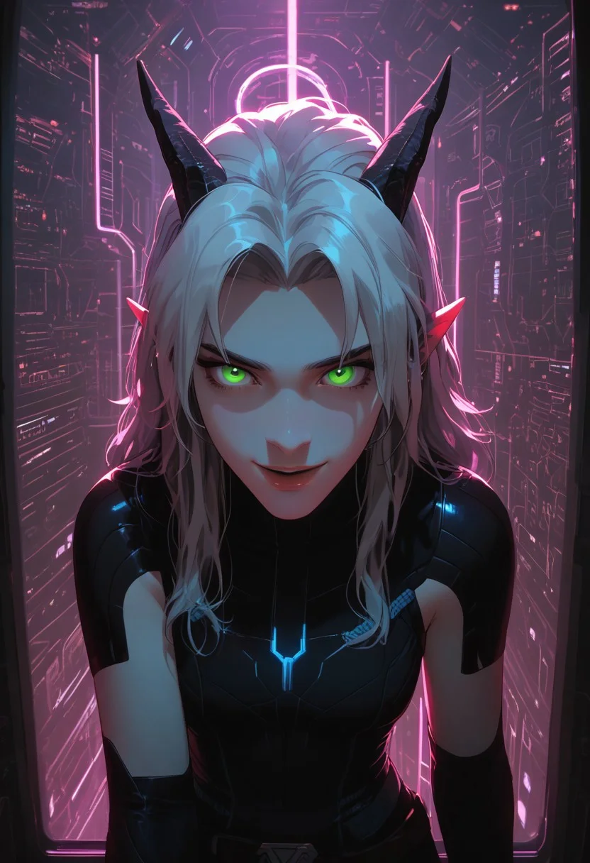 ((score_9_up, score_8_up, score_7_up:1.3)), rating_safe, face closeup, 1girl, rayla, long hair, white hair, horns, pointy ears, green eyes, (very attractive face), wide hips, image from above, (expressive eyes), (cobalt blue, white and magenta plugsuit:1.1), futuristic style, inside spaceship cabin, circular window, seated on window seat (futuristic computer monitors, gauges, lights:1.1), detailed background, amazing background, neon, glow, glowing, (bioluminescence:1.1), high contrast, dynamic angle, dynamic pose, laughing expression, very aesthetic, diffused lighting, every detail illuminated, ultra-detailed, masterpiece artwork, flawless anatomy, easynegative, eye catching, Expressiveh, g0thicPXL, glowing, neon, TDPStyle,