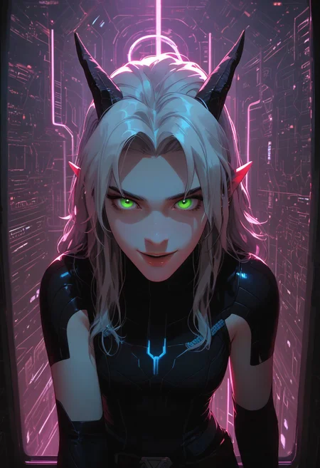 ((score_9_up, score_8_up, score_7_up:1.3)), rating_safe, face closeup, 1girl, rayla, long hair, white hair, horns, pointy ears, green eyes, (very attractive face), wide hips, image from above, (expressive eyes), (cobalt blue, white and magenta plugsuit:1.1), futuristic style, inside spaceship cabin, circular window, seated on window seat (futuristic computer monitors, gauges, lights:1.1), detailed background, amazing background, neon, glow, glowing, (bioluminescence:1.1), high contrast, dynamic angle, dynamic pose, laughing expression, very aesthetic, diffused lighting, every detail illuminated, ultra-detailed, masterpiece artwork, flawless anatomy, easynegative, eye catching, Expressiveh, g0thicPXL, glowing, neon, TDPStyle,