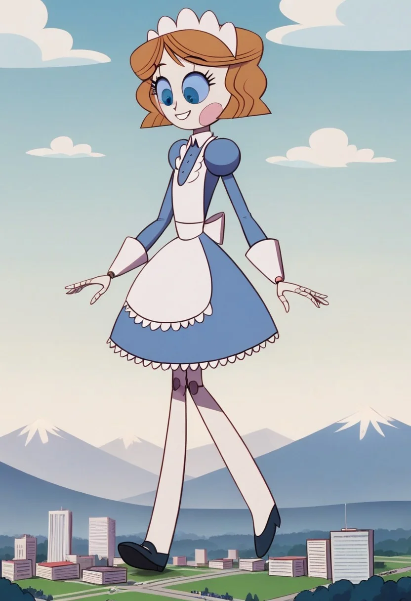 Score_9_up, score_8_up, score_7_up, 1girl, emmytr, blue eyes, solo, robot, brown hair, maid uniform, maid headdress, cute,
Happy, walking, smiling, looking down, side view, mid step,
detailed face, giga giantess, macro, angelic, flawless, high resolution, (show accurate), above the city, (shrunken city :1.4), (shrunken cityscape:1.3), micro cityscape, clouds on background, solo, full body, ((landscape)),
BREAK, Small city, micro city, low horizon line, mountains, lakes, white clouds, tiny buildings,