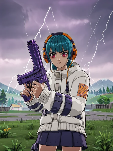 fortnite style, outside, mountains, (purple sky), storm, rain, lightning, 1girl, solo, angry expression, source_anime, score_9, fnyuki, looking at viewer, <lora:Yuki (Fortnite):0.95>, handgun, <lora:Fortnite_Style:0.75>