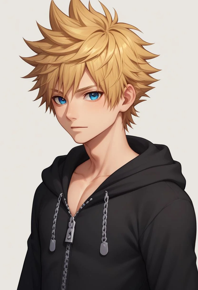 score_9, score_8_up, source_anime, highly detailed, 1boy, solo, male_focus slender, skinny,
roxas, 1boy, male focus, solo, blue eyes, blonde hair, spiked hair, hood, upper body, hood down, zipper, black hoodie, looking at viewer,