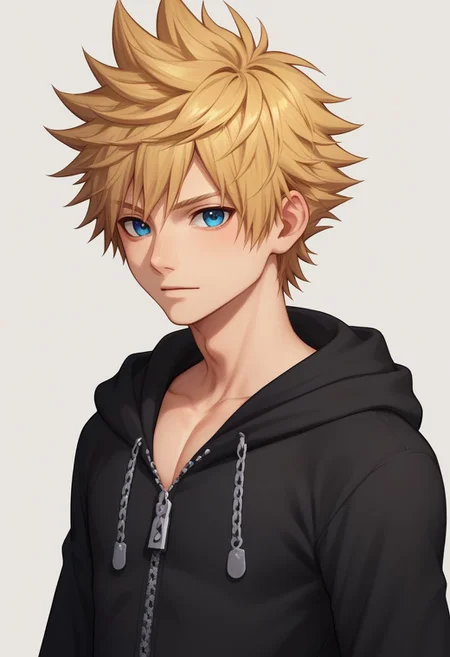 score_9, score_8_up, source_anime, highly detailed, 1boy, solo, male_focus slender, skinny,
roxas, 1boy, male focus, solo, blue eyes, blonde hair, spiked hair, hood, upper body, hood down, zipper, black hoodie, looking at viewer,