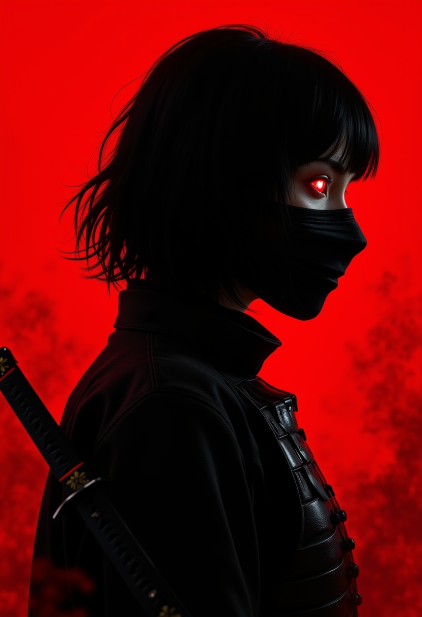 ,samurai, cyberpunk theme, two-tone, black hair, side view, from side, monochrome, red theme, white theme, shadowed face, shiny eye, red eyes, smoke, masked, hidden face, samurai armor, cowboy shot, red katana, red blood stain, standing, red background, painting\n, g4n1m3 