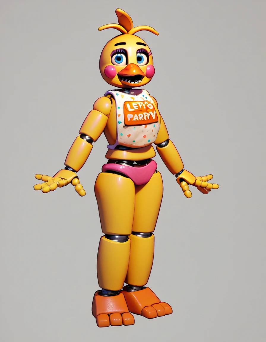 Toy_ChicaFNAF, 1girl, solo, blue eyes, standing, full body, female focus, makeup, colored skin, robot, joints, robot joints, yellow skin, bib, english text on bib, animatronic, pink cheeks, orange beak, pink panties