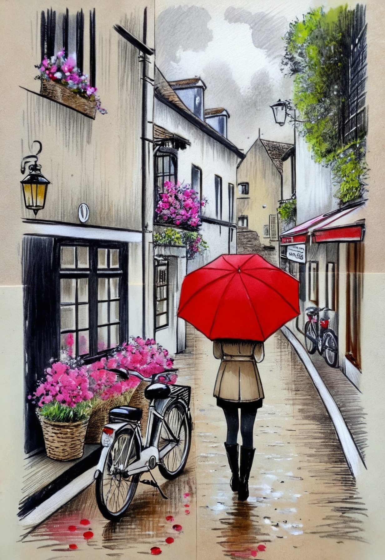 1girl, ground vehicle, by LOUI JOVER, solo, architecture, sketch, red umbrella, traditional media, scenery, from behind, bicycle, outdoors, spot color, flower
<lora:LOUIJOVER#SXDL1.0#by Loui Jover#v2.00#-000006-rs.sv_fro.0.999-nr.0128:0.85>