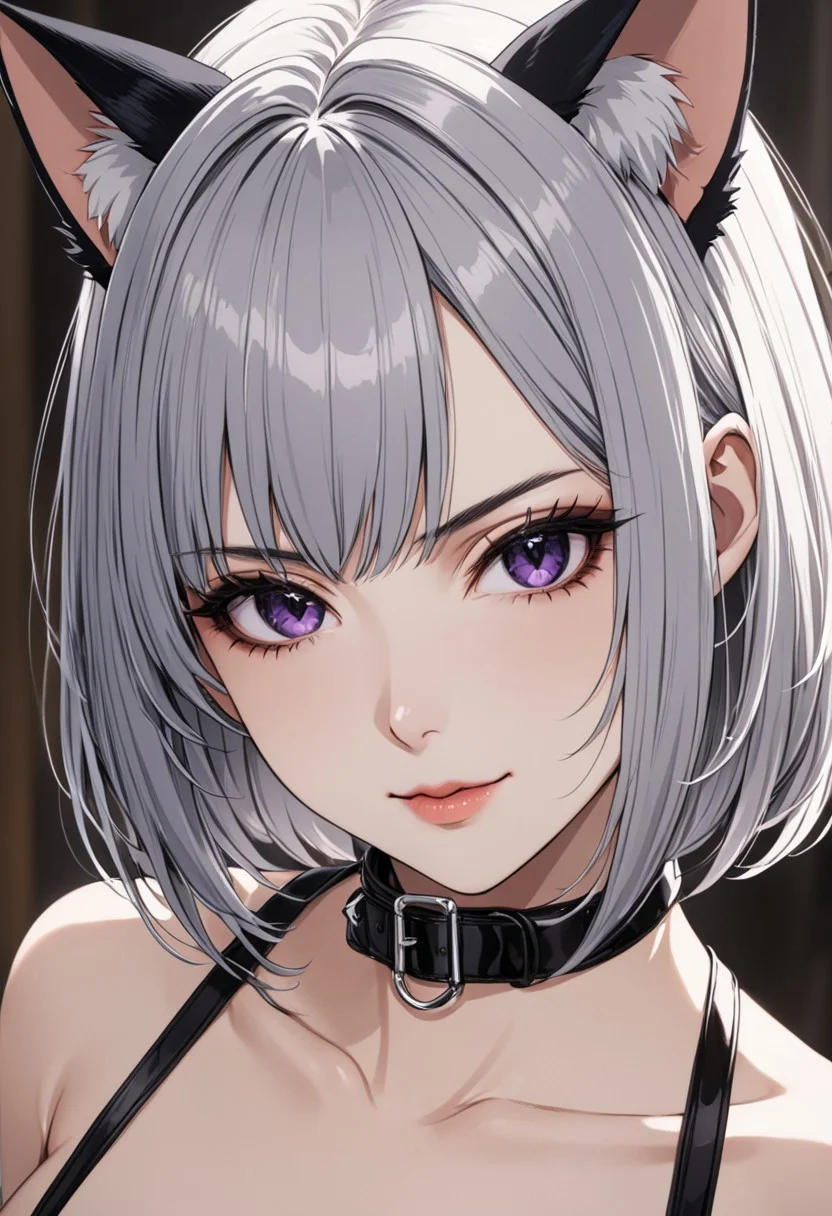 gorgeous lips, cinematic, (masterpiece), (best quality), (ultra-detailed), very aesthetic, perfect composition, intricate details, absurdres, detailed face, (anime, masterpiece, intricate:1.3), (best quality, hires textures, high detail:1.2), (4k),(incredibly detailed:1.4)
graceful face, slim, big breasts, constricted waist, nice body, lips, arrogant look, villain, 1woman, evilish smile, high pointed nose, (nostrils:1.3), neatly, 22-year-old woman, gray shirt soaked, pale skin, black eyes, bob hair, black hair, evil look,
tall, very long white hair, shirtless slimchestharness garterstraps, bright purple eyes, thigh high leather heels, slim black leather collar with ring, cat ears with bows
