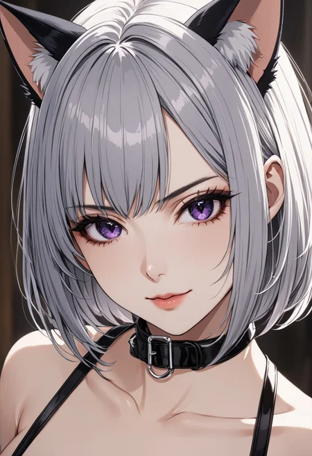 gorgeous lips, cinematic, (masterpiece), (best quality), (ultra-detailed), very aesthetic, perfect composition, intricate details, absurdres, detailed face, (anime, masterpiece, intricate:1.3), (best quality, hires textures, high detail:1.2), (4k),(incredibly detailed:1.4) 
 graceful face, slim, big breasts, constricted waist, nice body, lips, arrogant look, villain, 1woman, evilish smile, high pointed nose, (nostrils:1.3), neatly, 22-year-old woman, gray shirt soaked, pale skin, black eyes, bob hair, black hair, evil look,
 tall, very long white hair, shirtless slimchestharness garterstraps, bright purple eyes, thigh high leather heels, slim black leather collar with ring, cat ears with bows