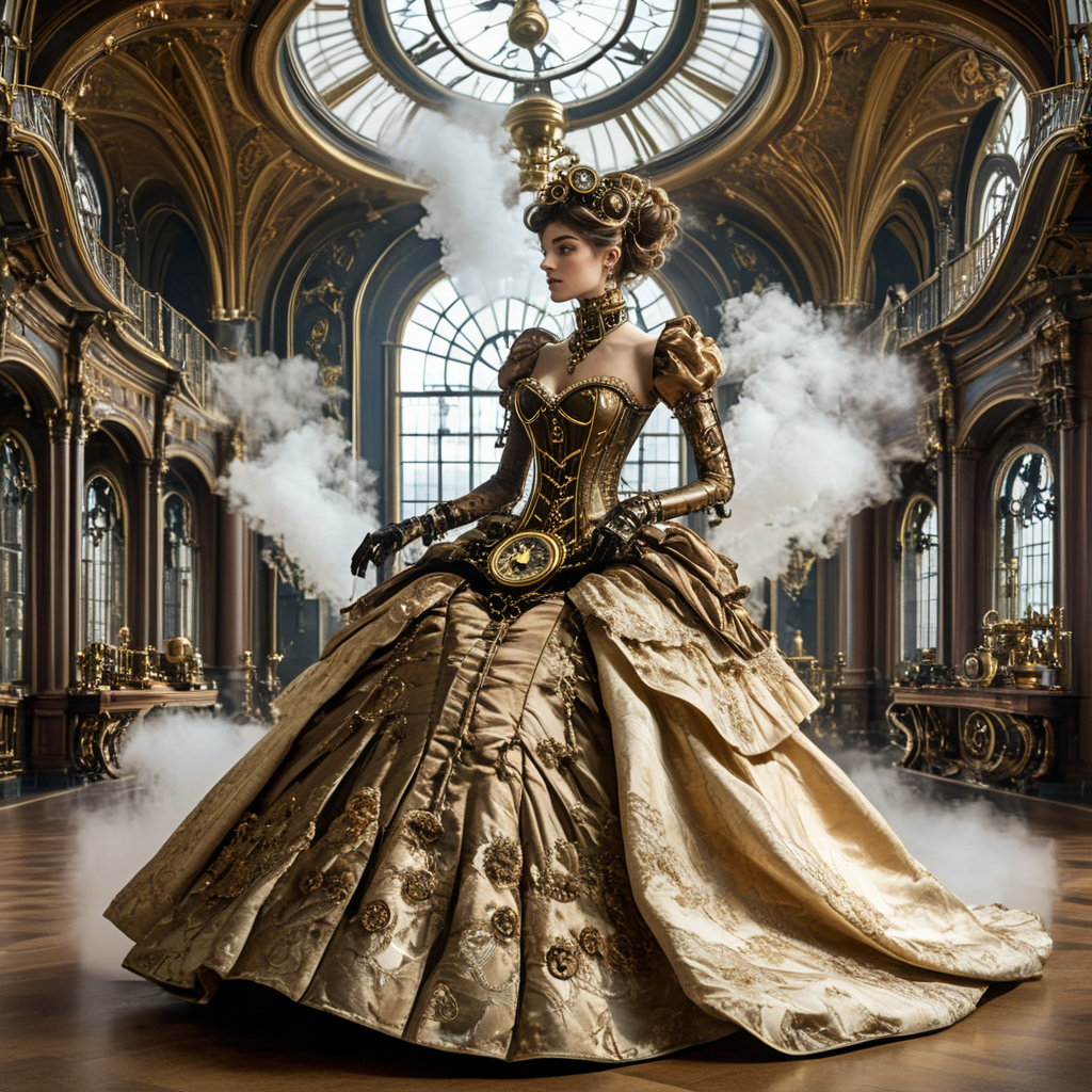 <lora:Rococo_Steampunk_SDXL:1> ArsMJStyle, Rococo Steampunk,  The image shows a woman in a large gown with brass corsetry sitting in a grand library with a steam-powered clock on the wall.