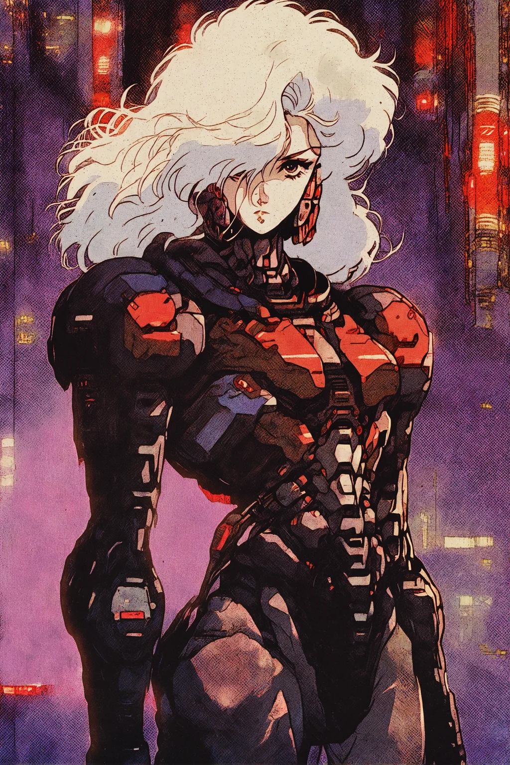 masterpiece, best quality, absurdres, retro artstyle, knva, bloom, high contrast, detailed texture, retro illustration, vibrant metallic colors, Matte_Painting,,1girl, white hair, solo, cyberpunk, looking at viewer, armor, science fiction, medium hair, hair over one eye, power armor,