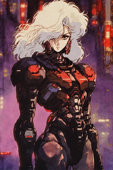 masterpiece, best quality, absurdres, retro artstyle, knva, bloom, high contrast, detailed texture, retro illustration, vibrant metallic colors, Matte_Painting,,1girl, white hair, solo, cyberpunk, looking at viewer, armor, science fiction, medium hair, hair over one eye, power armor,