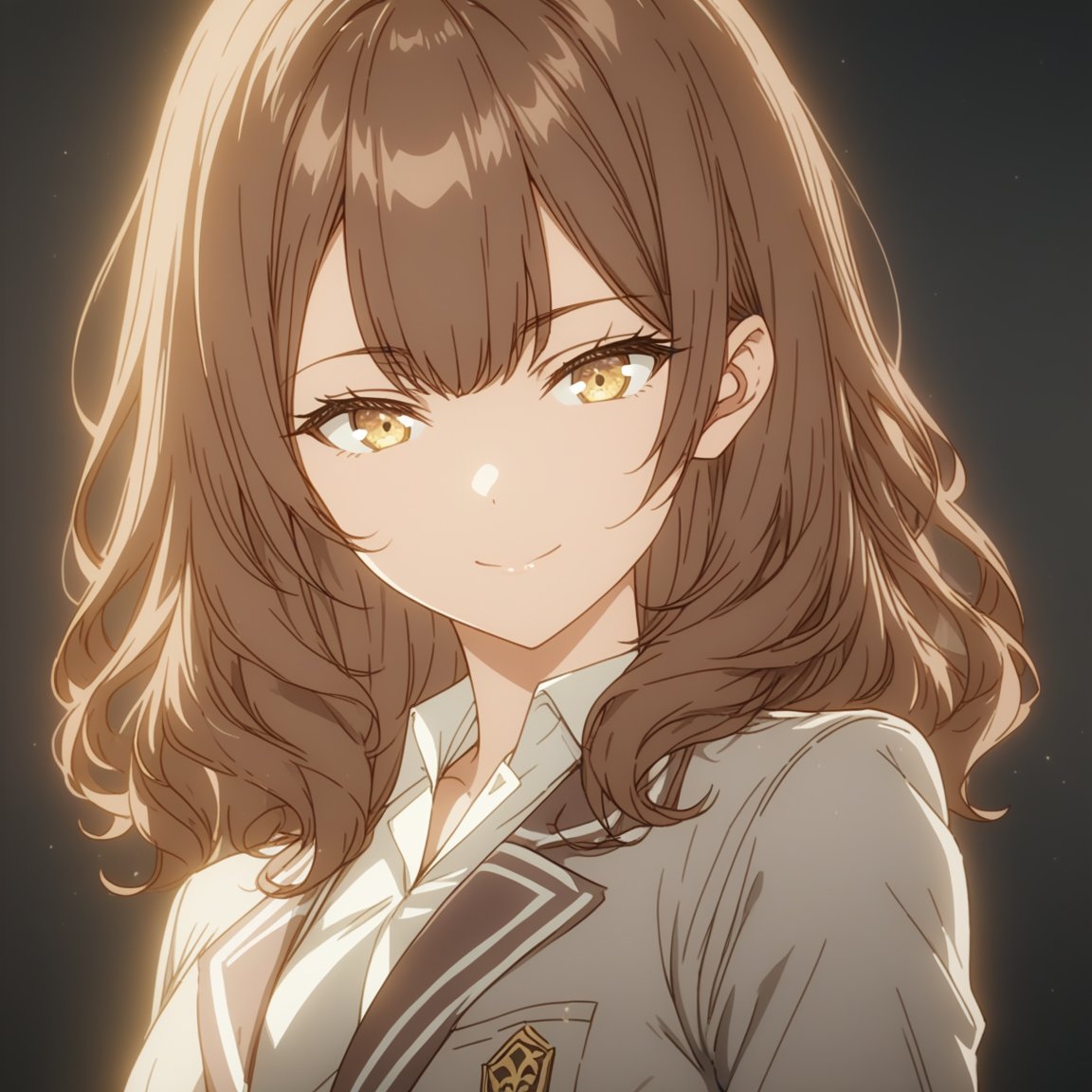 1girl, solo,  <lora:Maria_Mikhailovna_Kujou_Masha:1>, best quality,  brown hair, golden eyes,school uniform with a white blouse, soft smile,  <lora:GLSHS:0.8> GLSHS, partially illuminated