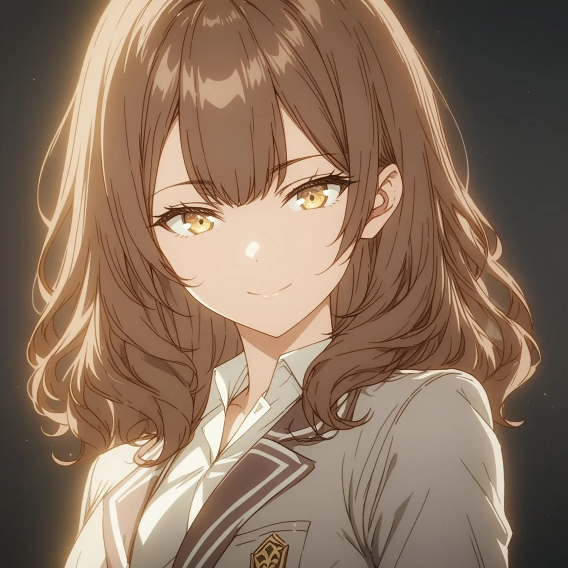 1girl, solo,  <lora:Maria_Mikhailovna_Kujou_Masha:1>, best quality,  brown hair, golden eyes,school uniform with a white blouse, soft smile,  <lora:GLSHS:0.8> GLSHS, partially illuminated