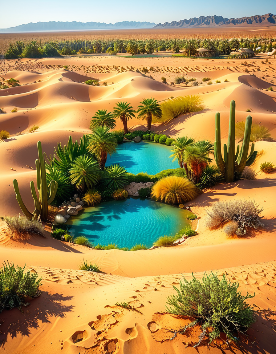 A serene oasis in the middle of an expansive golden desert, surrounded by rolling sand dunes under a vibrant blue sky. The oasis features a small, crystal-clear lagoon with calm, reflective water, bordered by lush green palm trees and colorful tropical plants. The scene is bathed in warm sunlight, with soft golden light illuminating the sand and creating subtle shadows among the dunes. In the background, faint silhouettes of distant mountains blend into the horizon. A few wisps of white clouds drift lazily in the sky, adding depth and texture to the composition. The overall atmosphere is peaceful and tranquil, evoking a sense of calm and wonder in the harsh desert landscape.<lora:SDXLFaeTastic2400:0.4> <lora:extremely_detailed:0.4> extremely detailed, <lora:O4s1s:1>,O4s1s, Masterpiece,best quality,hi res,8k,hi res,8k,award winning,(sharp focus, intricate, highly detailed),