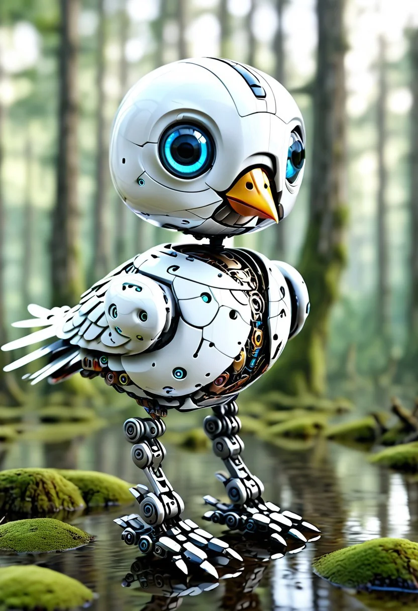 Cute Robot bird , Jed-Rbmls, masterpiece, intricate details, forest, swamp, focus blur, hd, 8k, high definition, BREAK, score_9, score_8_up, score_7_up, score_6_up,