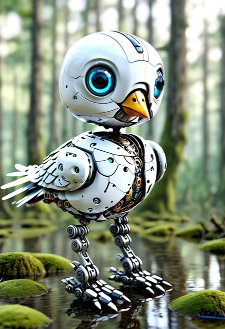 Cute Robot bird , Jed-Rbmls, masterpiece, intricate details, forest, swamp, focus blur, hd, 8k, high definition, BREAK, score_9, score_8_up, score_7_up, score_6_up,