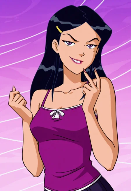 masterpiece, best quality, good quality, 1girl, solo, cartoon, parody, official style, mandy_totally_spies, black hair, long hair, purple eyes, mole under eye, hair ornament, casual, sexy, medium breasts, beautiful, detailed, high detailed, very beautiful, detailed face, detailed eyes, detailed hand, fingernails, long nails, abstract background, neon, smile, smirk, posing, pose, looking at viewer, face focus