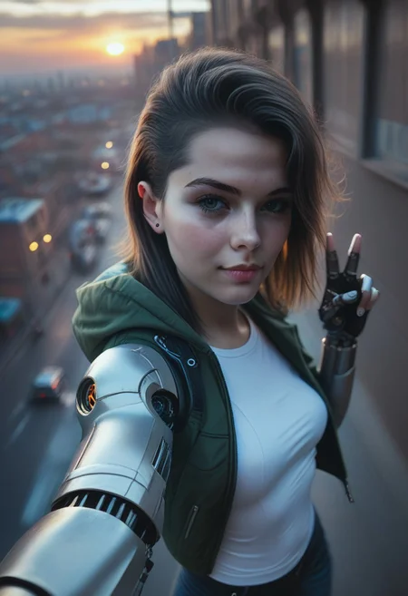 score_9_up, score_8_up, score_7_up, score_6_up detailed, city background, 1girl, 24yo, selfie, from above, (mechanical parts:1.4), sunrise, open jacket, tight jean, (v:1.2)
