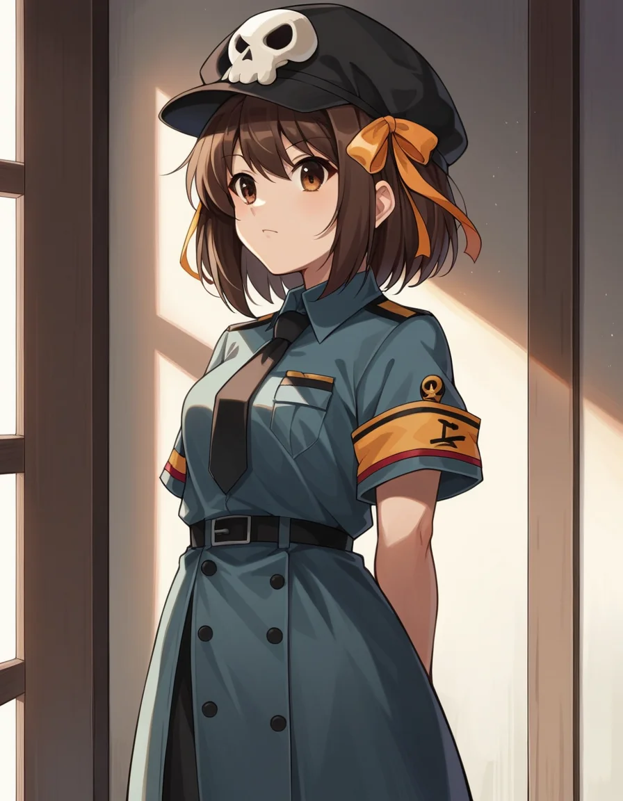 score_9, score_8_up, score_7_up, source_anime, <lora:haruhi-suzumiya-s1-ponyxl-lora-nochekaiser:1>, haruhi suzumiya, short hair, brown hair, brown eyes, hairband, medium hair, ribbon, hair ribbon,, <lora:warden-ponyxl-lora-nochekaiser_r1:1>, skull hat ornament, uniform, military uniform, black uniform, hat, cap, black cap, armband, collared shirt, black necktie,, indoors, hands behind back,, cowboy shot,