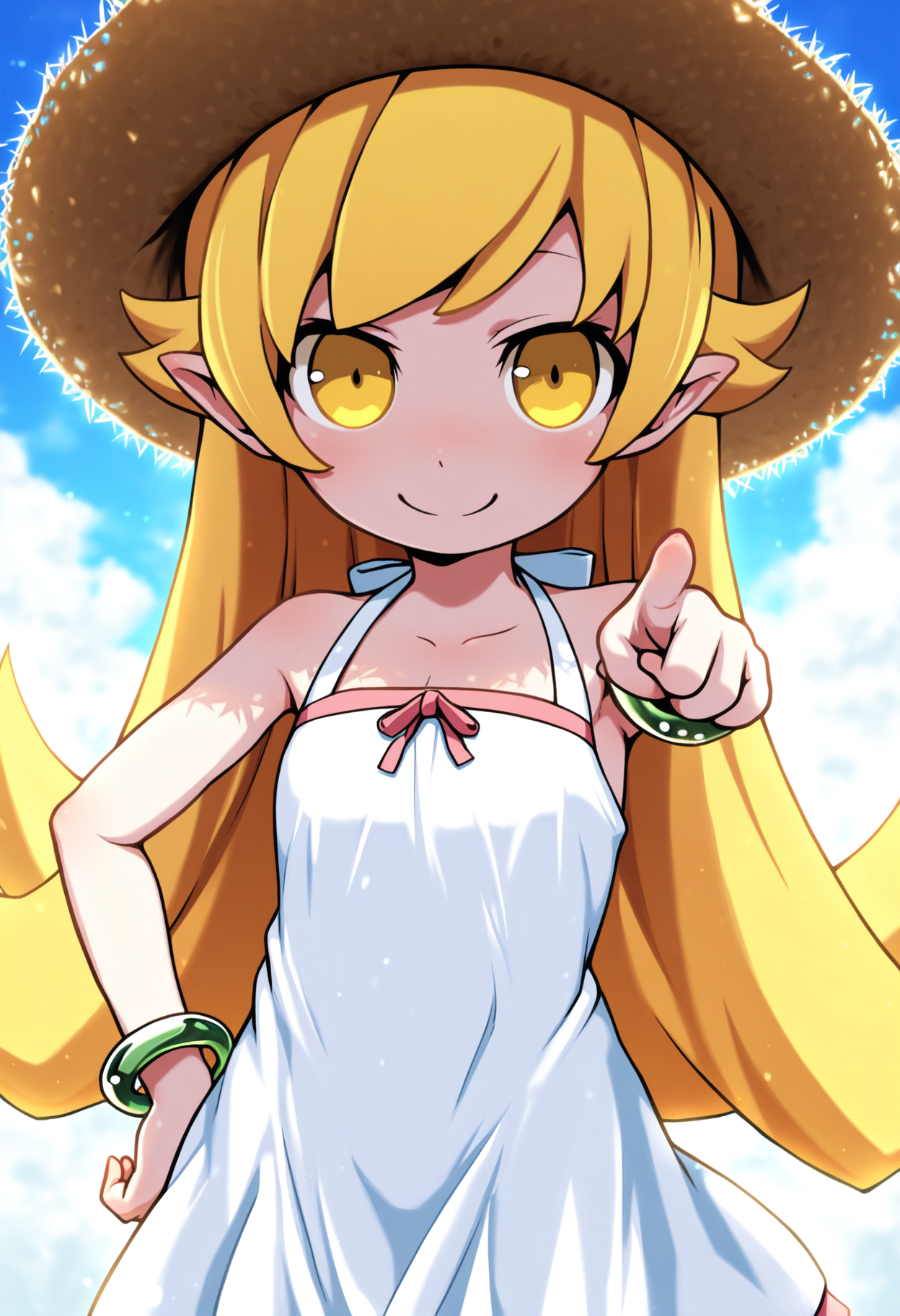 masterpiece,best quality,amazing quality,
1girl, oshino shinobu, solo, long hair, blonde hair, yellow eyes, hat, dress, bracelet, jewelry, smile, looking at viewer, pointy ears, white dress, pointing, sundress,
<lora:Akai_ugokashitari:1>