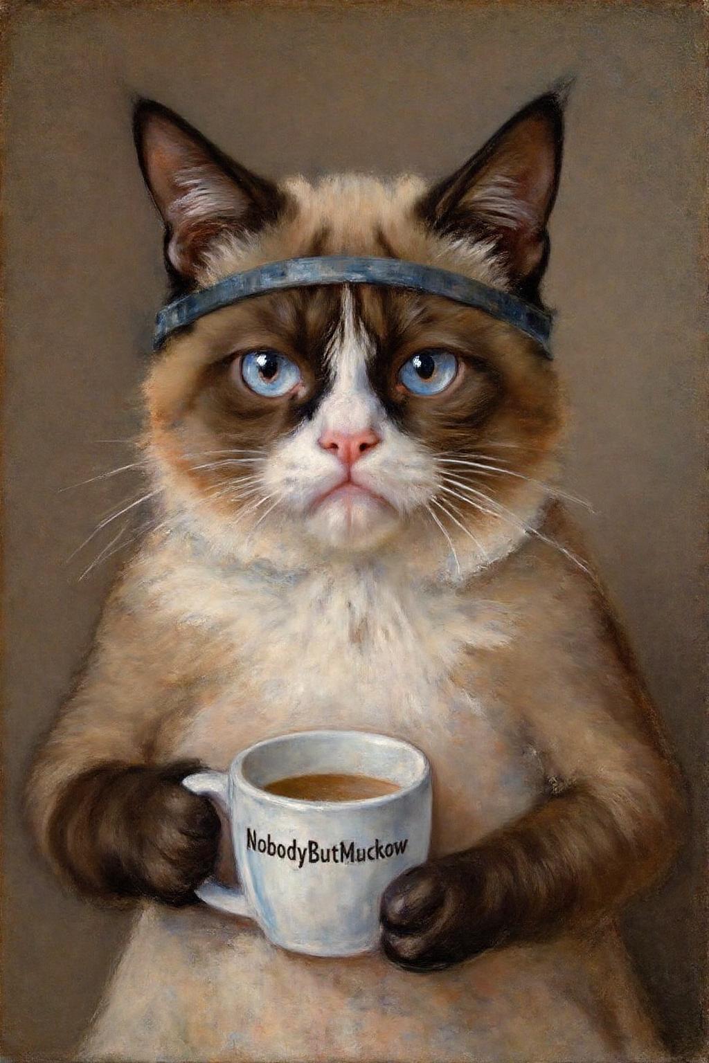 marycassatt1 painting.
Grumpy Cat holding a coffee mug, wearing a VR Headset. The mug has the phrase "NobodyButMeow" printed 
 <lora:marycassatt1_cap_d6a3e17:1.0><lora:833907251292037279:0>