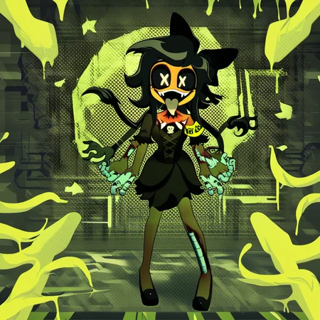 Cyn, 1girl, solo, x pupils, black hair, smile, black dress, armband, yellow armband, extra hands, open mouth, tongue, tentacles, wallpaper, score_9