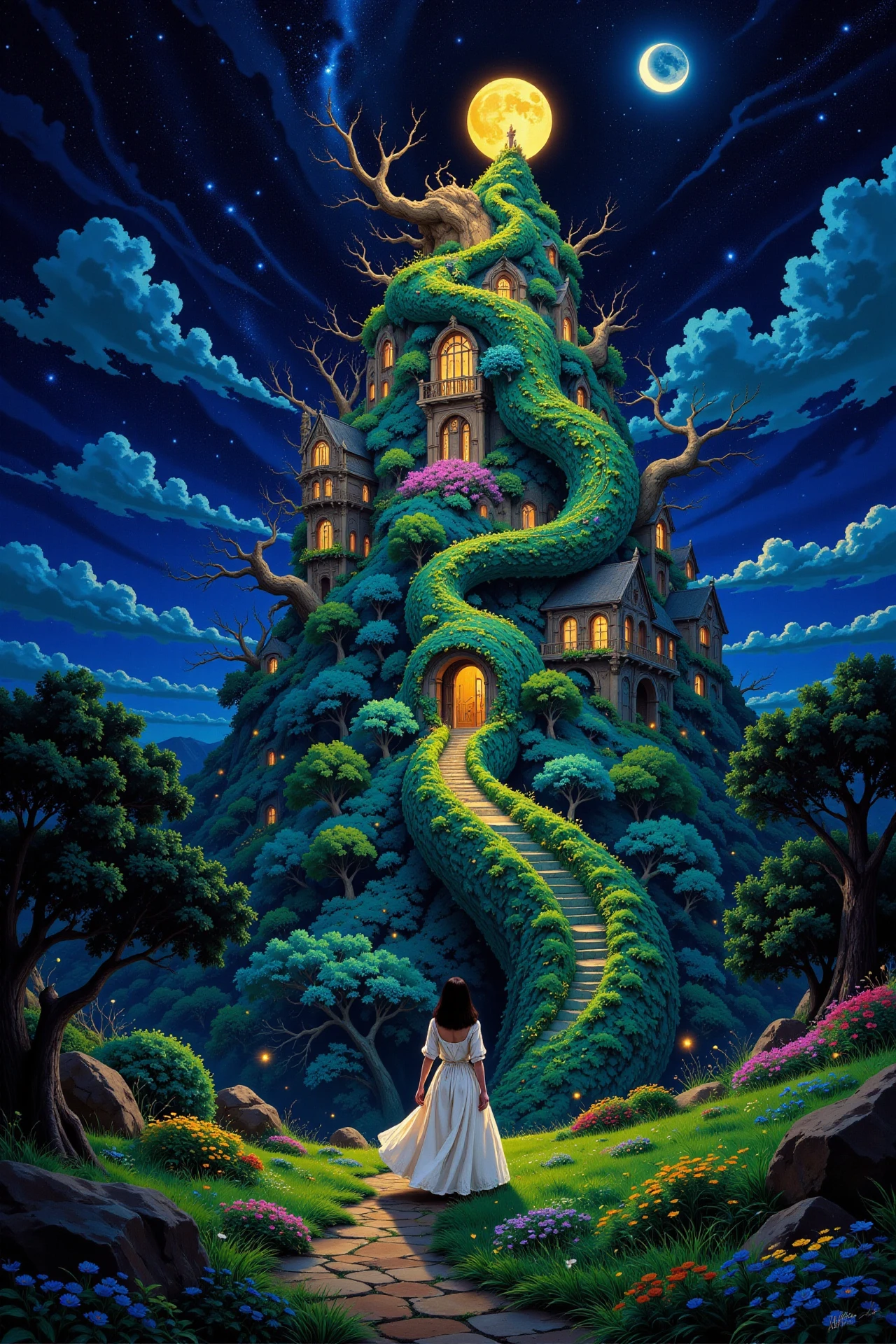 a druid city beautiful  landscape, bright luminous night, woman, very intricate, very detailed, sharp, bright, colorful, <lora:Hand v2:0.5> <lora:Anti-Blur:1><lora:Insane Detail Slider:0.25>  <lora:flux.1_lora_flyway_Epic-detail_v2:0.3> <lora:fluxenhancer:0.25> <lora:Anime_style:0.6> anime style