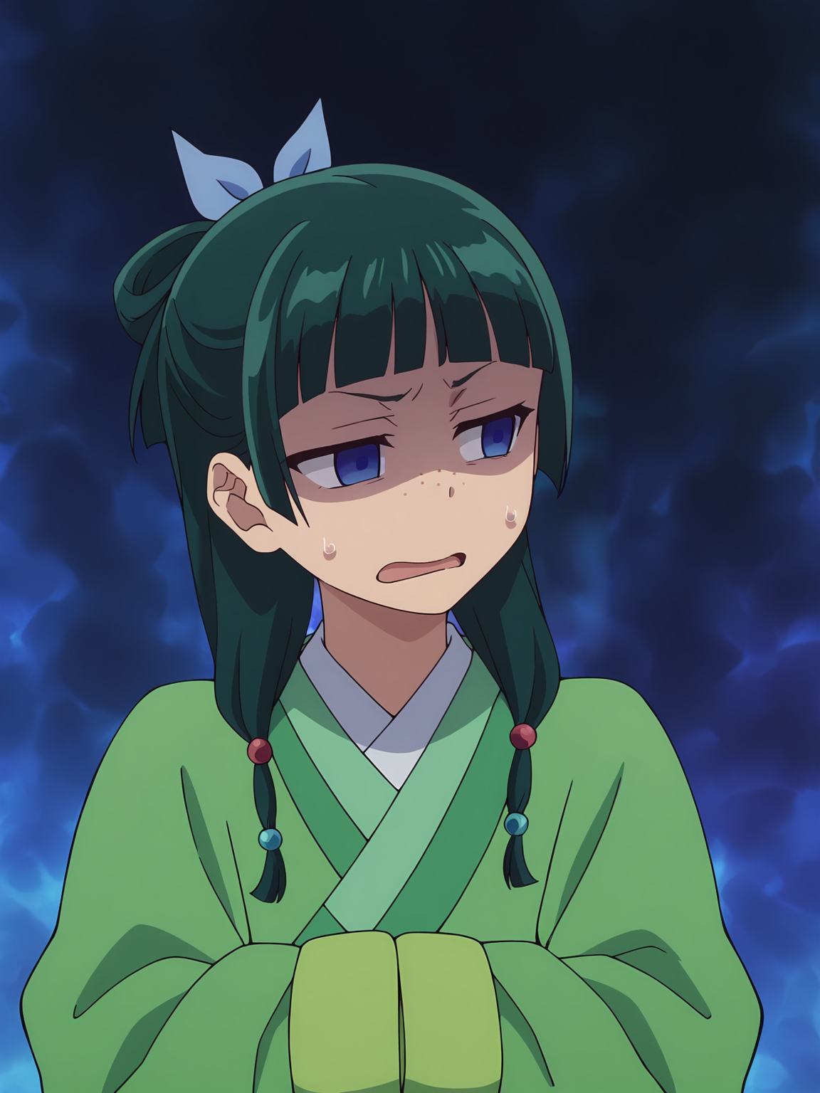 <lora:Maomao_Character:0.8>maomao, 1girl, solo, blue eyes, freckles, dark green hair, twin braids, blunt bangs, blue hair bow, green kimono, disgusted, distressed, nervous, furrowed brow, empty eyes, half-closed eyes, open mouth, sweat drop, hunched shoulders, recoiling, head tilt, defensive posture, arms crossed, sleeves past fingers, upper body, looking away, blue effect background