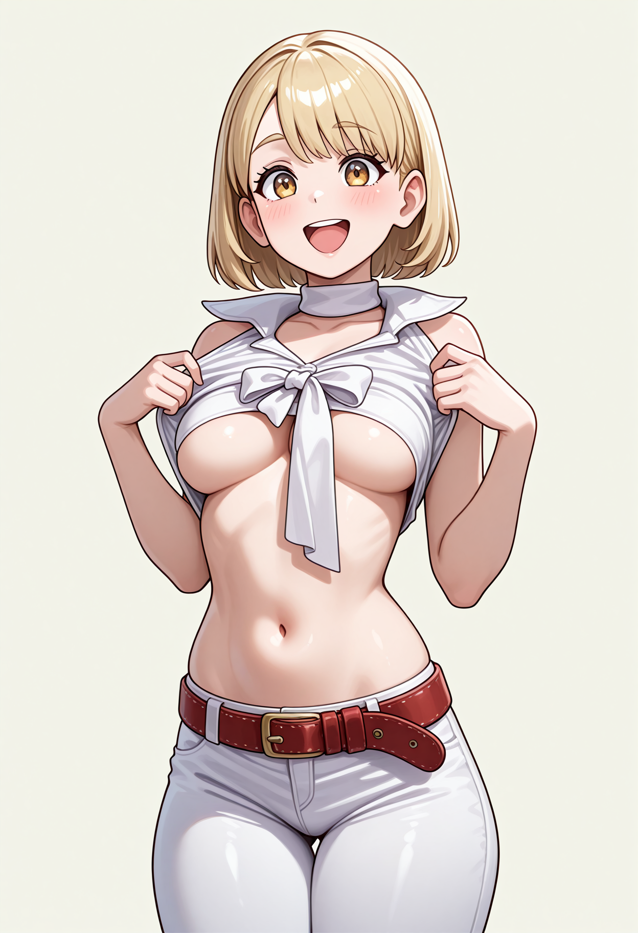 1girl, solo, ashleypopstar, white collar, knotted shirt, white pants, belt, open mouth, happy, hands on shirt, shirt lift, underboob, beige background, absurdres, newest, masterpiece, top quality, best quality, detailed, <lora:AshleyRE4Popstar:1>