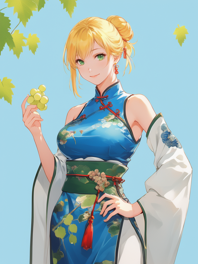 ,donmenshiji,1girl,solo,green eyes,yellow hair,hand on hip,chinese clothes,detached sleeves,looking at viewer,earrings,jewelry,breasts,bare shoulders,single hair bun,hair bun,closed mouth,hair ornament,dress,medium breasts,smile,cowboy shot,china dress,taotail,fruit,food,leaf,grapes,food focus,plant,simple background,still life,blue background,day,outdoors,<lora:Dmshiji-wwm:0.8>