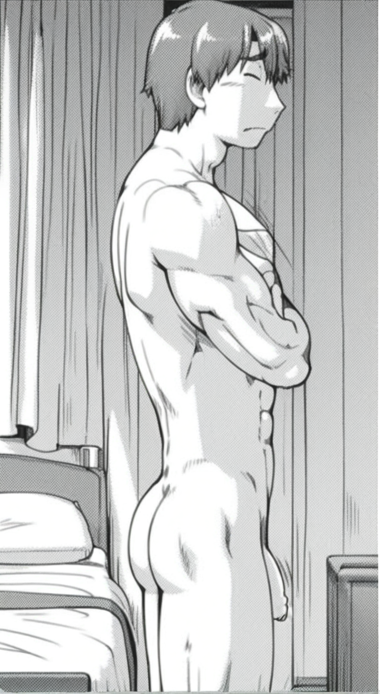 score_9, score_8_up, score_7_up, anime_source, official artstyle, anime screencap, highly detailed, 1boy, perfect composition, good shading, motion lines, movement lines, male focus, 1boy, solo, male focus, completely naked, bare upper body, barechested male, bare lower body, bare legs, thick abs, indoors, bedroom, bed, satoshi mito,brown hair,short hair,fox eyes, standing, visible feet, flaccid penis, foreskin, backside view, defined back muscles, ((butt focus)), ((monochrome))
