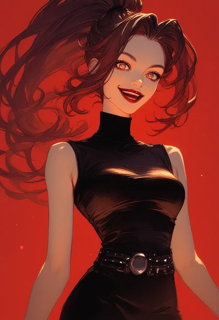score_9, score_8_up, score_7_up, source_anime,
high quality, highly detailed illustration of, top view, half body shot, gorgeous woman,
skinny body, high ponytail, smile, open mouth, looking at viewer, small eyes, dark eyes, red lips,
wearing black turtle-neck top, black skirt, night club indoor, cozy red room
