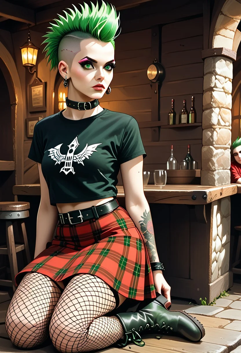 score_9, score_8_up, score_7_up, P0ll4, green hair, mohawk, short hair, undercut, makeup, green eyes, tattoo, breasts, collar, black t-shirt, midriff, belt, red skirt, plaid skirt, fishnet thighhighs, black boots, earrings, leaning against the outside wall of a pink medieval tavern, arms folded, highly detailed, high contrast, film grain, Rim Lighting
