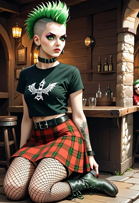 score_9, score_8_up, score_7_up, P0ll4, green hair, mohawk, short hair, undercut, makeup, green eyes, tattoo, breasts, collar, black t-shirt, midriff, belt, red skirt, plaid skirt, fishnet thighhighs, black boots, earrings, leaning against the outside wall of a pink medieval tavern, arms folded, highly detailed, high contrast, film grain, Rim Lighting