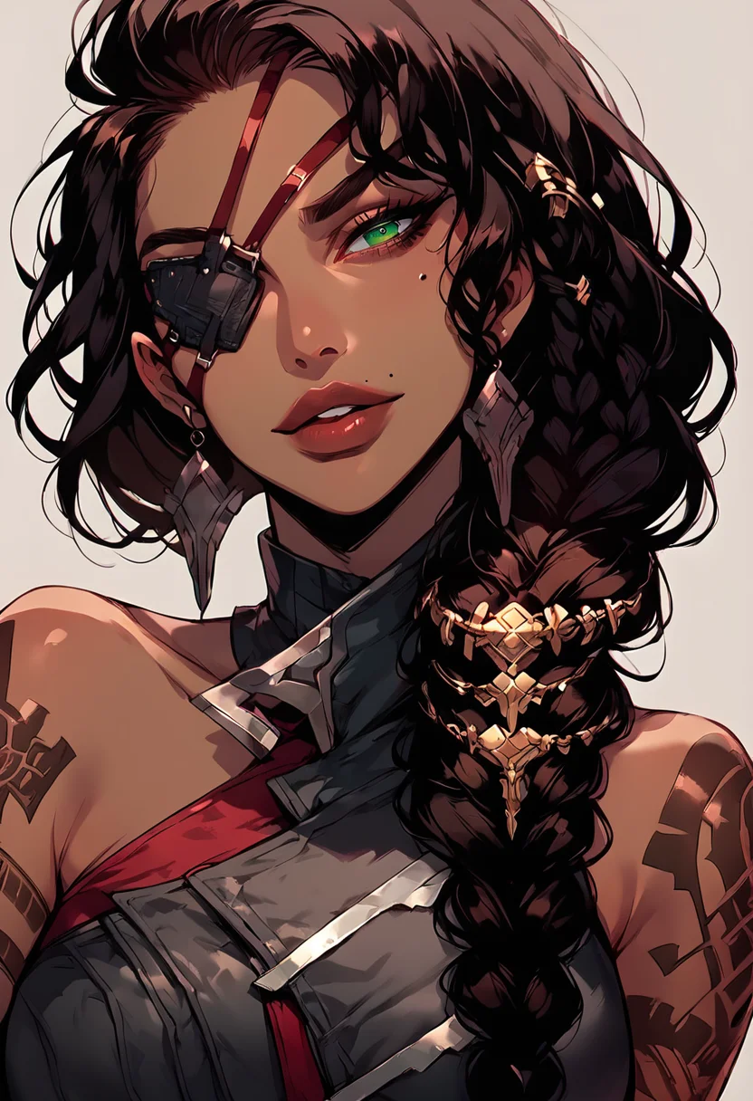 score_9, score_8_up, score_7_up,score_6_up, source_anime, bwf, <lora:g4n1m3XLP:0.75>
BREAK
samiralol, 1girl, solo, eyepatch, dark-skinned female, tattoo, braid, looking at viewer, green eyes, mole, lips, <lora:Samiralol:0.8>