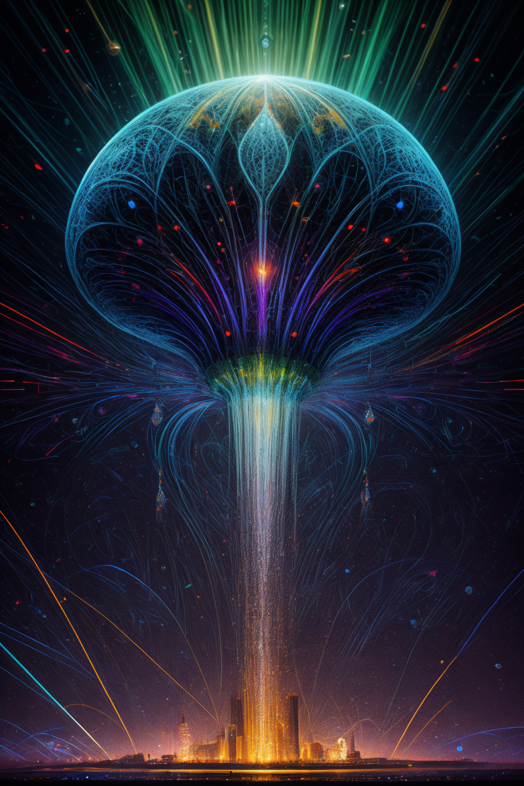 realistic,best quality,a giant delicate mushroom made of opal in a futuristic city center,integrated computer circuitry in stem,ray tracing,glowing light particles,the early morning light,adorned with glistening techno dewdrops. in the background beautiful futuristic rave party,divine iridescent glowing,opalescent textures,volumetric light,ethereal,sparkling,light inside body,bioluminescence,highly detailed,sharp focus,<lora:add_detail:1>,cyber punk,psychedelic,<lora:GemTech:0.1>,gemtech,emerald,<lora:ral-colorswirl-sd15:0.8>,ral-colorswirl,