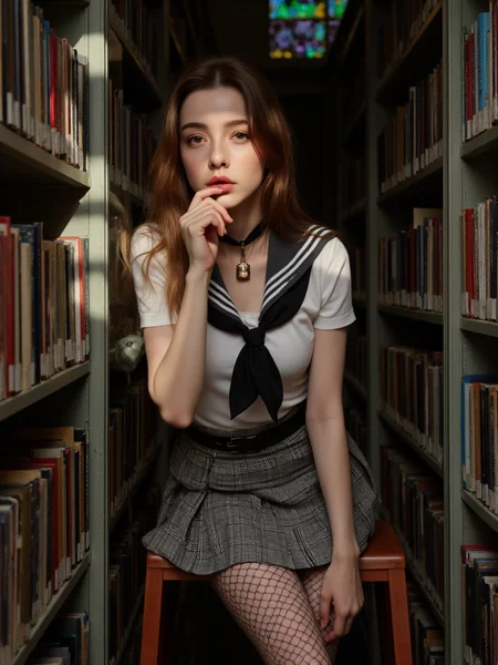 There are wonderful studio lights and various reflections,skin naturally showing the texture of blood vessels,detailed pale skin,looking at viewer,18yo beautiful cute girl with blushing and female orgasm,
--,
--,<lora:AGirl_type3_F1:0.9>,she is dasha taran,
perfect light art,
--,
--, Between dusty bookshelves, a college girl perches on a wooden ladder. Her pleated school uniform skirt flips up to reveal thigh-high fishnet stockings, the checkered fabric crumpled against black leather belts cinching her waist. The sailor collar hangs askew, one ribbon untied to expose a choker with padlock pendant. Sunlight through stained glass windows casts chromatic shadows across her thighs as she bites down on a pencil, torn textbook pages fluttering to the floor like wounded butterflies.