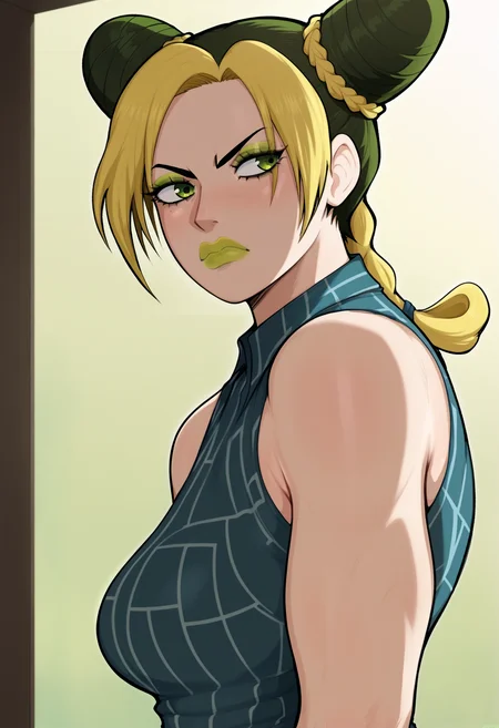 <lora:afrobull-guy-PONY-DORAv1:1>, afbul, score_9, score_7_up, 1girl, solo, portrait, looking to the side, sleeveless, kujo jolyne