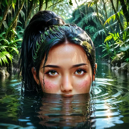 masterpiece, best quality, absurdres, vibrant, highly detailed, very aesthetic, solo focus, eye focus, close-up, SeijSDXL, high ponytail, black hair, Peeking From the Water, Hidden in water, peeking out, wet hair, hair clinging to face, staring at viewer, jungle background