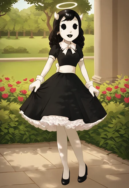 (Masterpiece, best quality:1.2), score_9, score_8_up, flat color, flat shading, soft shading, lighting, Alice Angel in a 1950's dress, a fluffy frilly ruffled full petticoat, and high heels, dress, layered petticoat, frilly petticoat, fluffy petticoat, full petticoat, wide dress, flowing dress, solid colored skirt, short sleeves, black hair, Bendy and The Ink Machine, series accurate, cute, best high quality, high res, black lips, white colored skin, whole body shot, 1girl, solo, outside, posing, in a garden, cute, adorable, smile, skirt tug, ground level angle, dress lift, cartoon, cartoon style, vector, solo, circle dress, 1950s, alice angel