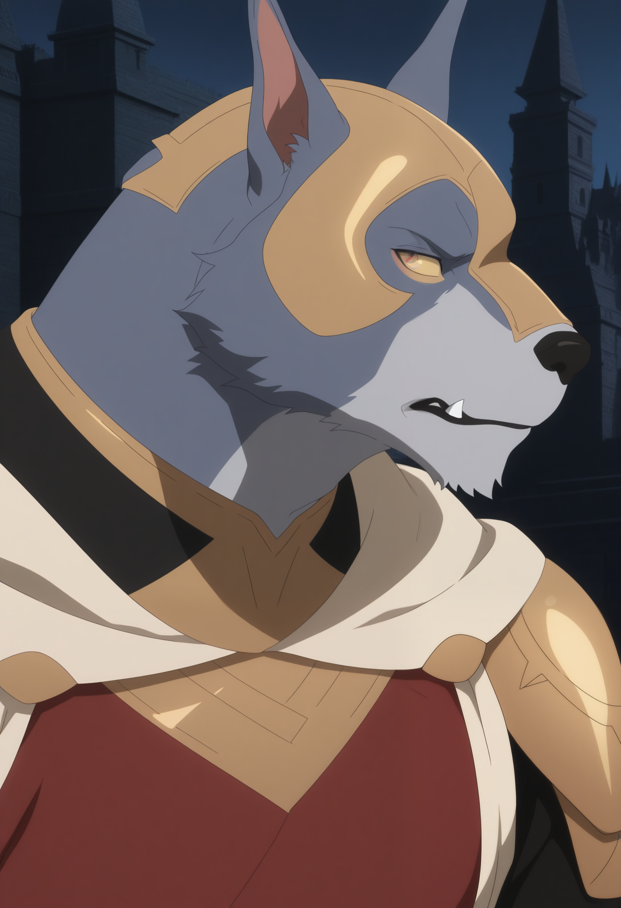 masterpiece,best quality,amazing quality, 1boy, solo, 4s4r, dog boy, grey fur, yellow sclera, purple eyes, helmet, gorget, red shirt, wrapped cloth, pauldrons, black undershirt, close up, side angle, castle, looking at viewer,