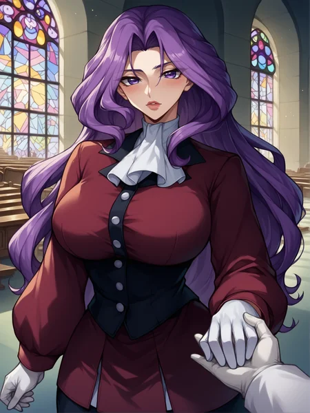 score_9, score_8_up, score_7_up, score_6_up, score_5_up, source_anime, rating_safe:2. (cornelia li britannia, cgcor),
(Body:(big breasts, wide hips:1.6, purple eyes, five fingered hands, thick full lips) ),
(Hair:(purple hair) ),
(Clothing:(pla, shirt, buttoned up jacket, skirt, white gloves,) ),
(Behavior:(standing, blush, arm out, holding viewer's hand:1.5, holding hands:1.2) ),
(Viewer: out of frame, wearing suit, pov hands, holding hands:1.2),
(Environment: (indoors, church, altar) ),
(Composition: (front view:2, man's pov) ),
(Style: (anime, 8k, zPDXL3, zPDXLpg, expressiveh) ), <lora:Expressive_H:0.65>, <lora:HoldingHandsPOV_XLPD:0.75>,<lora:Cornelia_li_Britannia_Pony:0.87> <lora:pla:1>