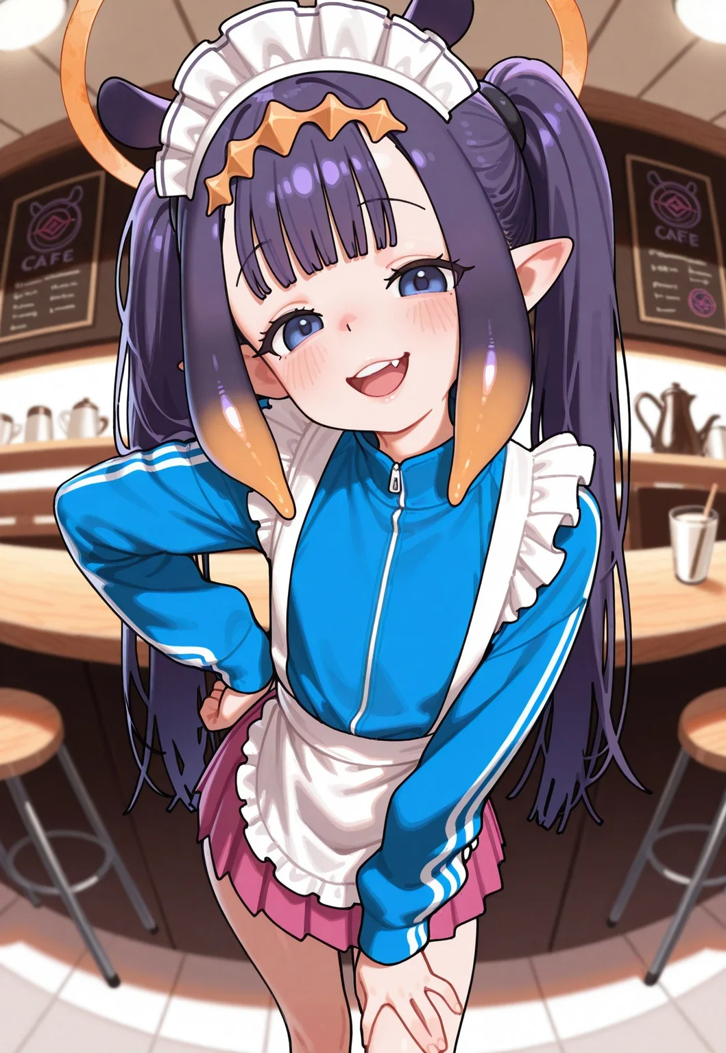 masterpiece, best quality, amazing quality, 1girl, solo, bikabaka, sketch, ebora,
ninomae ina'nis, blue eyes, purple hair, blunt bangs, long hair, twintails, flat chest, skinny,
lips, blush, open mouth smile, upper teeth, fang, head tilt, looking at viewer,
maid headdress, halo, jersey maid, light_blue track jacket, pink pleated miniskirt, waist apron, frilled apron, frilled suspenders,
contrapposto, pose, hand on hip, hand on thigh,
cafe, depth of field, fisheye,
