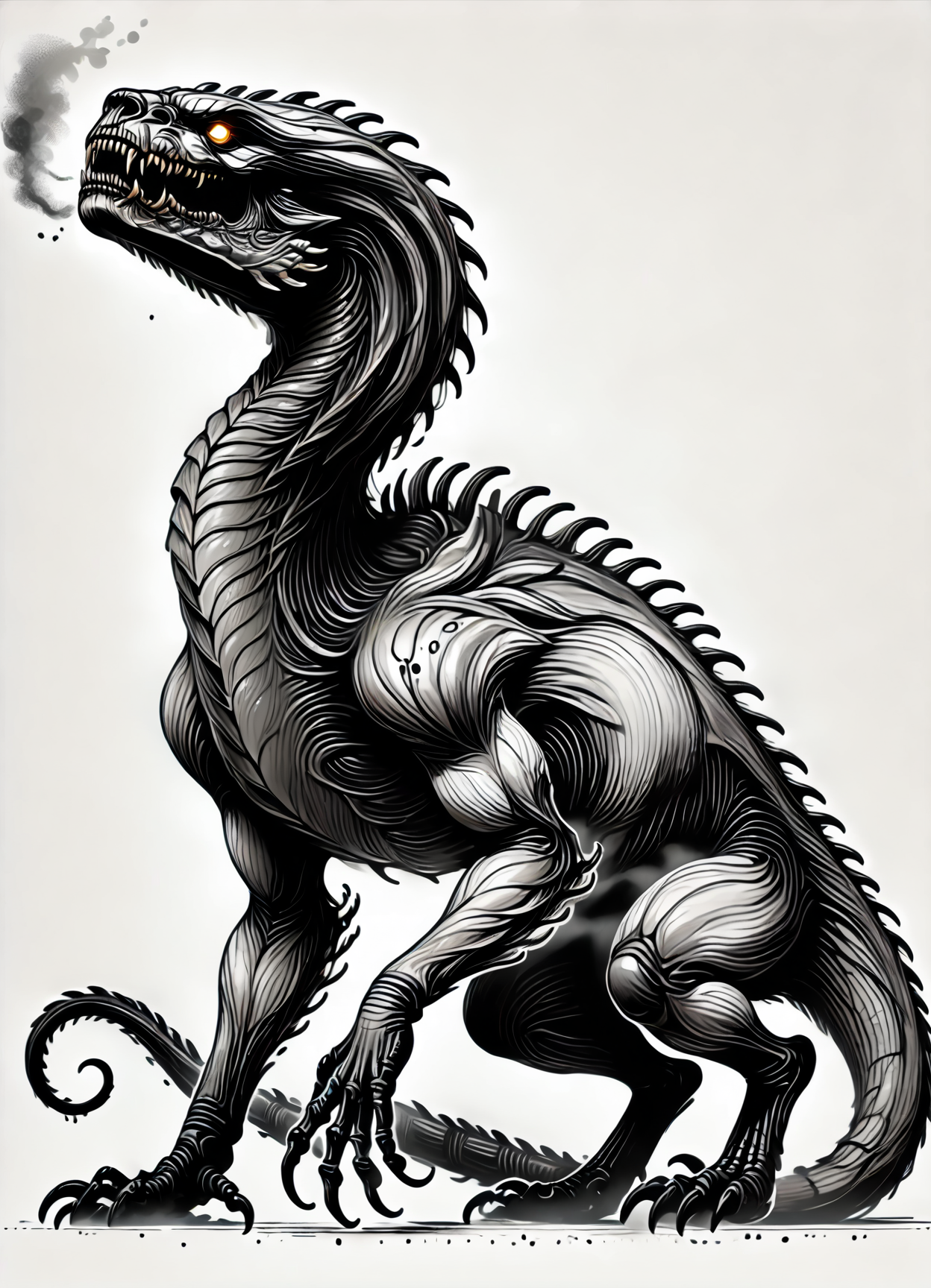 DonMS1mpl3Dr4w1ngXL,  score_9, score_8_up, score_7_up, score_6_up, simple lineart, cerberos, medium-sized humanoid, predatory appearance, shapeshifter, sharp, feral features, claws and fangs, glowing eyes, keen sense of smell, heightened senses, dark ominous presence, sinister malevolent expression , rating_safe  <lora:DonMS1mpl3Dr4w1ngXL-pony_v1.1:1>