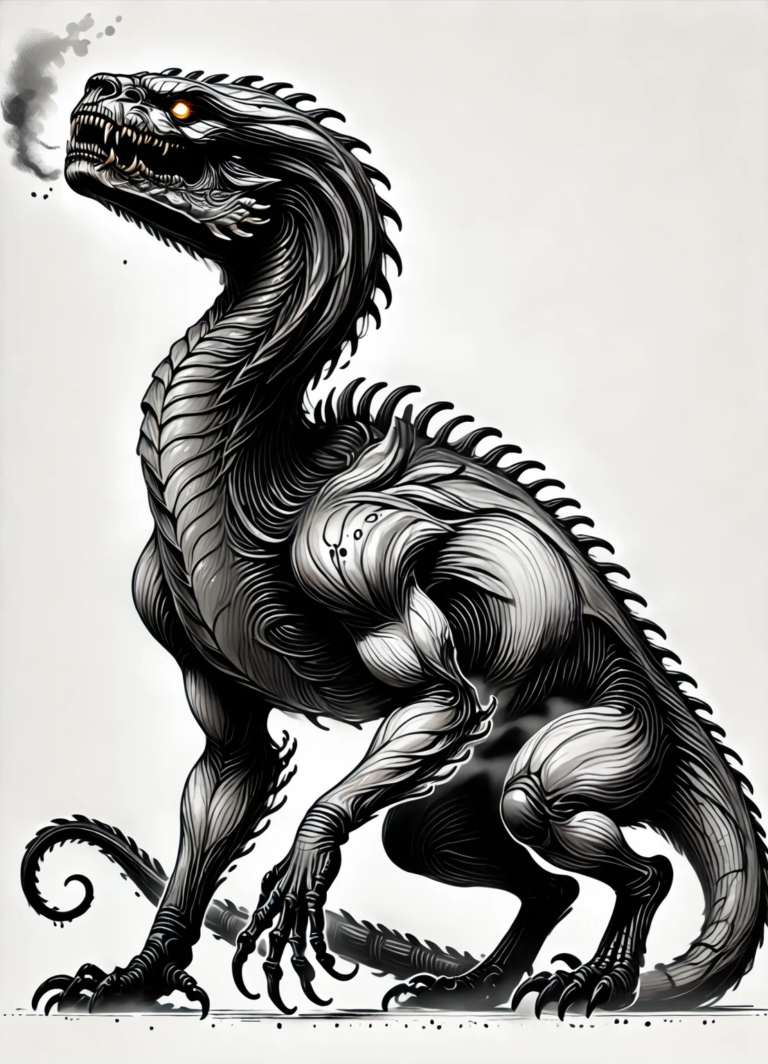 DonMS1mpl3Dr4w1ngXL, score_9, score_8_up, score_7_up, score_6_up, simple lineart, cerberos, medium-sized humanoid, predatory appearance, shapeshifter, sharp, feral features, claws and fangs, glowing eyes, keen sense of smell, heightened senses, dark ominous presence, sinister malevolent expression , rating_safe <lora:DonMS1mpl3Dr4w1ngXL-pony_v1.1:1>