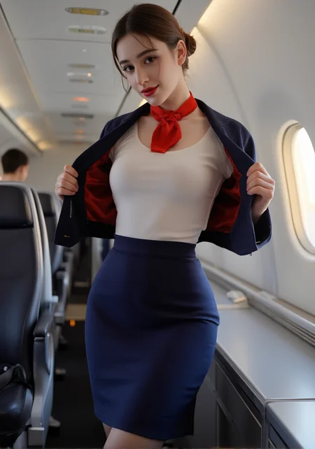 18yo 1girl her face is very delicate,skin naturally showing the texture of blood vessels and detailed pale skin,
<lora:Dasha_Taran_majicf1_rank2_bf16:0.8>,she is Dasha Taran,looking at viewer, --,A young female model is playing the role of a flight attendant, and the scene captures the moment she elegantly removes her  typical airline flight attendant uniform, with a predominant dark blue color scheme and striking red accents, presenting a professional and refined professional image.At this moment, her uniform jacket has slid off her shoulders and is in a half-removed state, with clean and sharp shoulder lines, and delicate decorative stitching along the cuffs and collar edges. The airline's emblem is embroidered on the chest pocket. Her arms are slightly extended behind her, and her fingers gently grasp the sides of the jacket, in a graceful and natural motion, as if relaxing after a day's work. The jacket's lining is made of silk material, presenting a soft sheen that contrasts with the outer fabric.She is wearing a simple white shirt underneath, with a neat collar, and the top button has already been undone, revealing a relaxed state beyond her professional duties. The shirt's material is crisp and breathable, accentuating her beautiful body curves. Around her neck, she is wearing a bright red silk scarf, tied in a standard professional bow, adding a touch of brightness to the overall dark-toned uniform.She is wearing a form-fitting pencil skirt in the same color scheme as the jacket, with a length that falls just above the knee, maintaining a professional image while also showcasing her elegance. Her legs are covered in either flesh-colored or light gray stockings, with a delicate texture that subtly shimmers in the light. On her feet, she is wearing a pair of black mid-heel leather shoes, with a smooth surface and a comfortable heel height, perfectly suited for the flight attendant's long hours of standing work.Her hair is neatly styled into a professional-looking bun, with a few playful strands falling by her ears, adding a touch of softness to the otherwise strict professional appearance. Her makeup is refined and not overly bold, emphasizing her natural brows and delicate lip color, fully meeting the airline's professional requirements for flight attendants. Her expression is a blend of professional smile and relaxation, with a slight upward curve of the lips and a hint of fatigue and relief in her eyes after a day's work.The background is interior of the cabin, with a clean and orderly environment and a soft, non-glaring light. Perhaps there is a window through which the last rays of the sunset are filtering in, casting a warm golden glow on her profile, hinting at the end of the day's work. , enhancing the realism and narrative of the scene.The overall composition of the image is balanced and dynamic, capturing a natural and elegant moment, with a color palette dominated by dark blue, white, and skin tones, and the red scarf as an accent, showcasing the graceful transition between the professional and personal moments of a working woman.