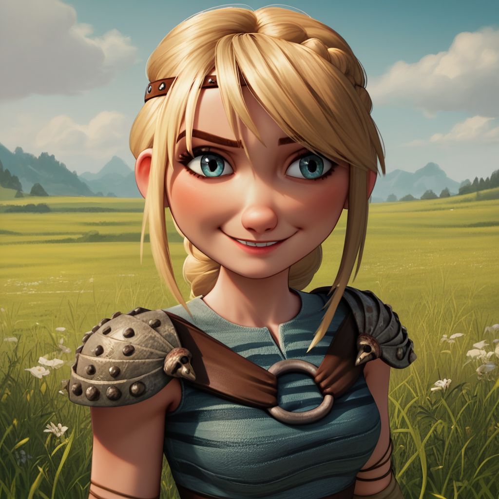 score_9, score_8_up, score_7_up, score_6_up, score_5_up, score_4_up, 1girl, Astrid, smile, in a field, tall grass
