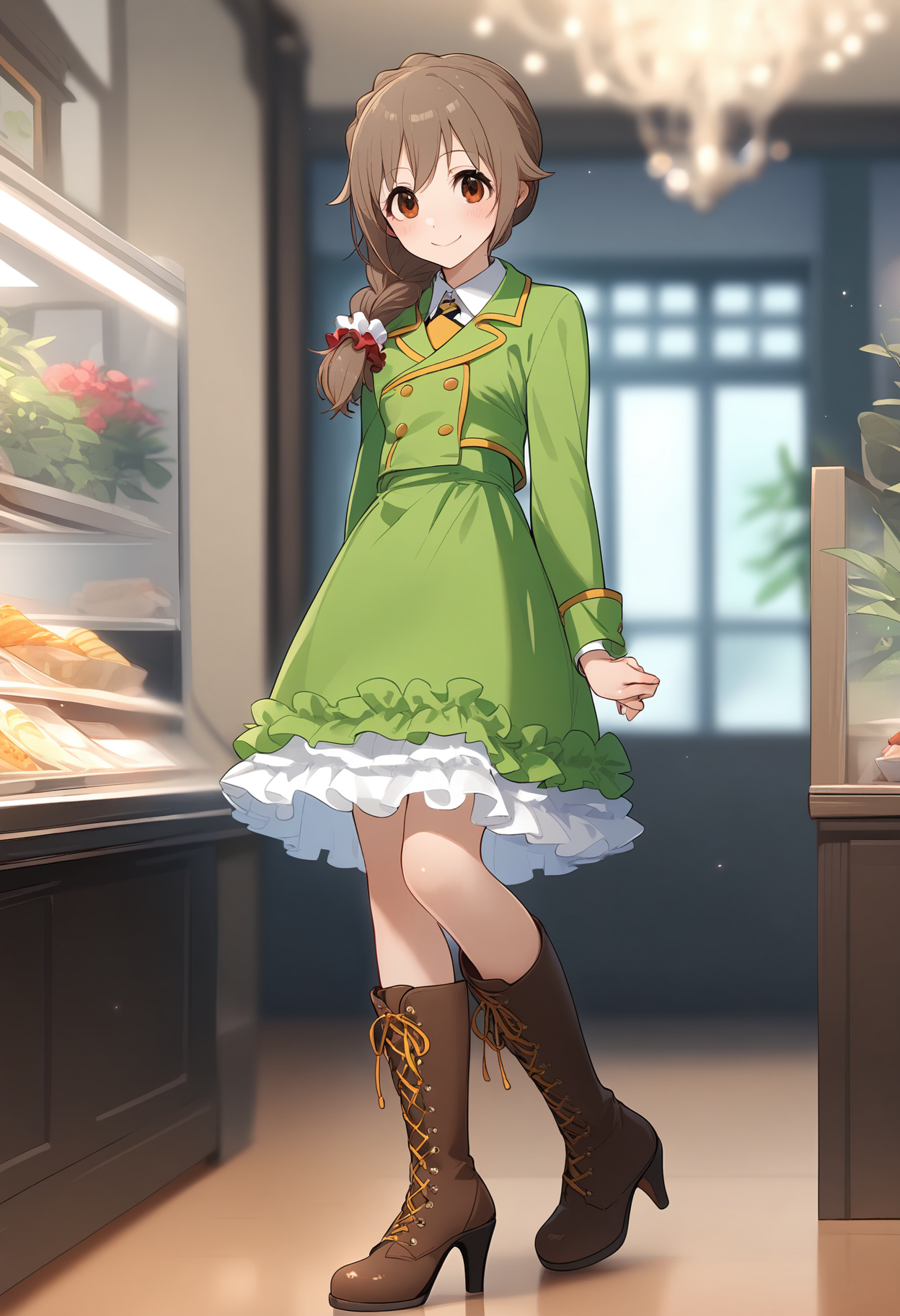 1girl,
senkawa chihiro,


single braid, green dress, brown footwear, scrunchie, smile, long sleeves, long hair, blurry background, boots, full body, high heels, indoors, frilled dress, brown eyes, knee boots, closed mouth, dress, lace-up boots, blush, standing, hair scrunchie, green jacket, blurry, white scrunchie, cross-laced footwear, hair over shoulder, braid, jacket, high heel boots, frills, hair ornament, looking at viewer, depth of field, solo, brown hair,

sfw
<lora:a31_char_new_senkawa_chihiro-000016:1> <lora:a31_style_koni-000010:0.8>