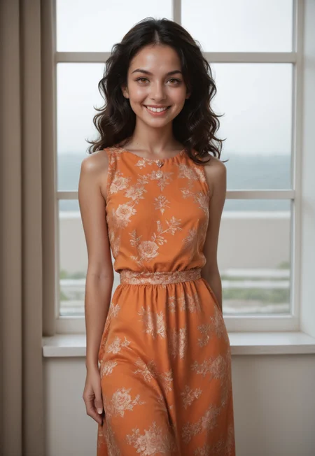 score_9, score_8_up, score_7_up, valeria, amber eyes, black hair, solo, perfect lighting, volumetric lighting, easy smile, relaxed expression, formal dress, orange dress, hands behind back, sleeveless, embroidery, standing, upper body shot, detailed face, detailed face, perfect face, front view, line art, smooth lines, dining room, dining tables, window, detailed background, perfect hands, four fingers, four knuckles,