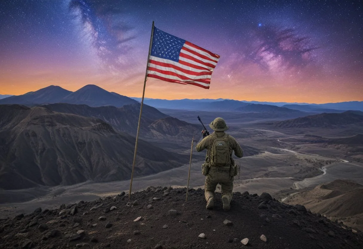 An (American Flag:1.2) blowing in the wind in a desolate volcanic valley, soldier silhouette (kneeling), left hand on pole, 50 stars, 13 stripes, (deep space, deep galactic travel background),Dark and eavil glow, glow neion paint, dark, surrealism, defined sharp edges, mystical, (multi-dimensional:1.2), psychedelic art
