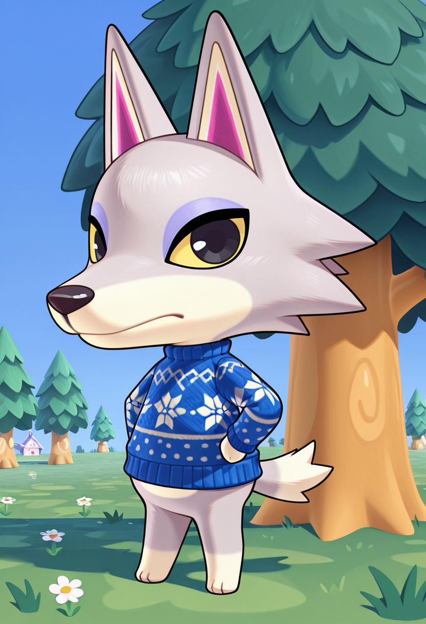 <lora:Fang_Animal_Crossing__IL_:1>, masterpiece, absurdres, highres, best quality, 1boy, solo, FangAC, yellow sclera, black eyes, wolf, furry, anthro, tail, blue sweater, cute, animal crossing, tree, grass, simple background, looking at viewer, chibi, fullbody
